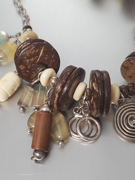 3660-Large Wood & Stone Sterling Charm Bracelet