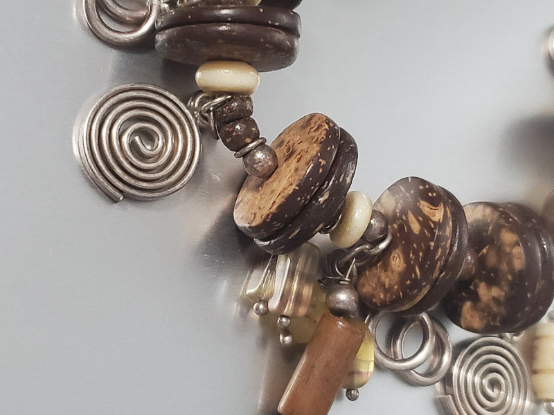 3660-Large Wood & Stone Sterling Charm Bracelet