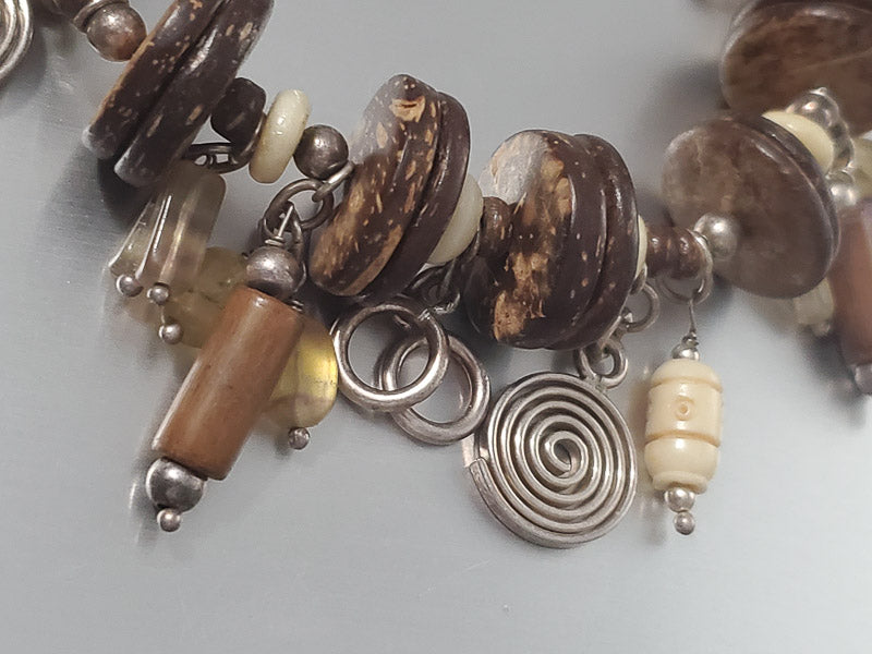 3660-Large Wood & Stone Sterling Charm Bracelet