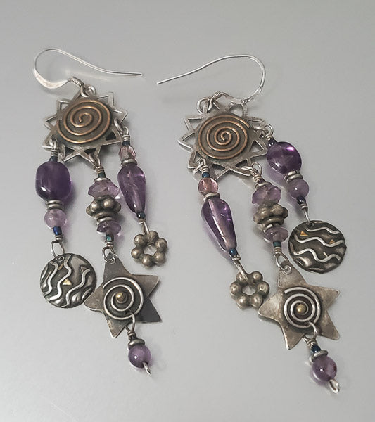 1609-Two Tone Amethyst Sterling Dangle Earrings