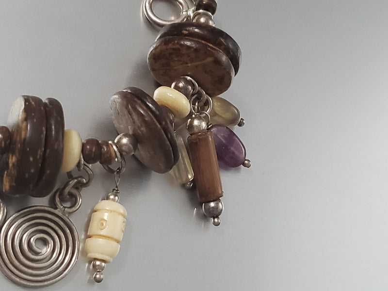 3660-Large Wood & Stone Sterling Charm Bracelet