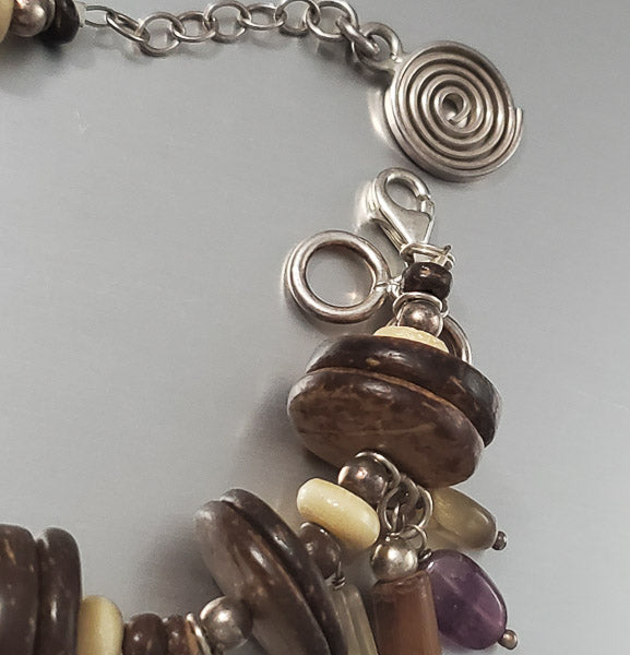 3660-Large Wood & Stone Sterling Charm Bracelet