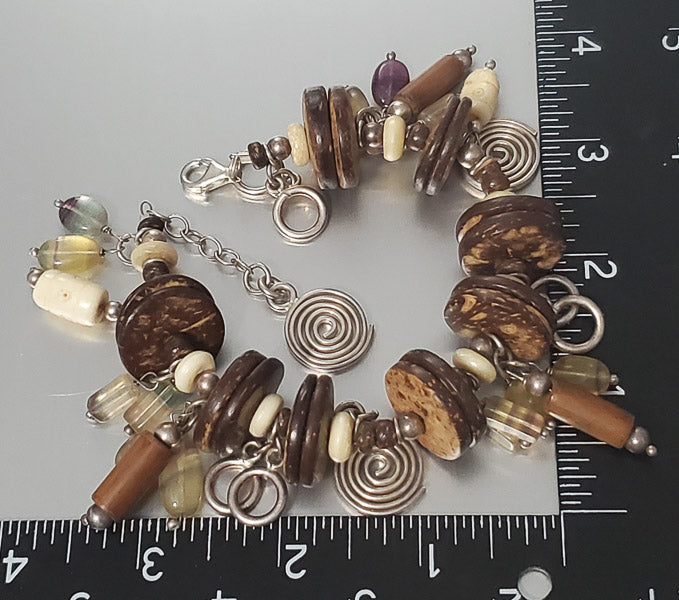 3660-Large Wood & Stone Sterling Charm Bracelet