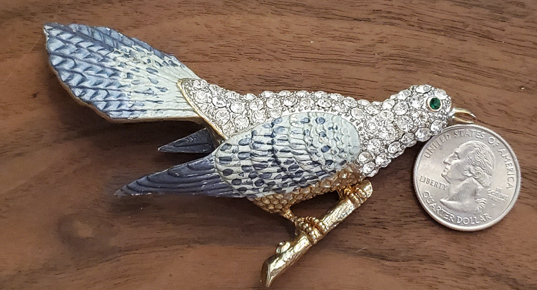 Large Vintage Rhinestone Bird on Perch Brooch
