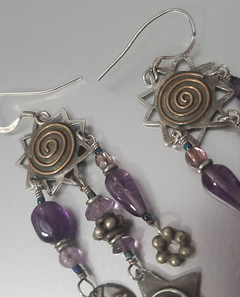 1609-Two Tone Amethyst Sterling Dangle Earrings