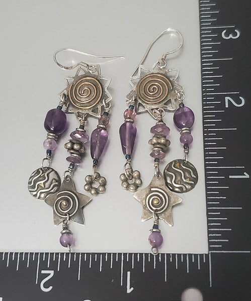1609-Two Tone Amethyst Sterling Dangle Earrings
