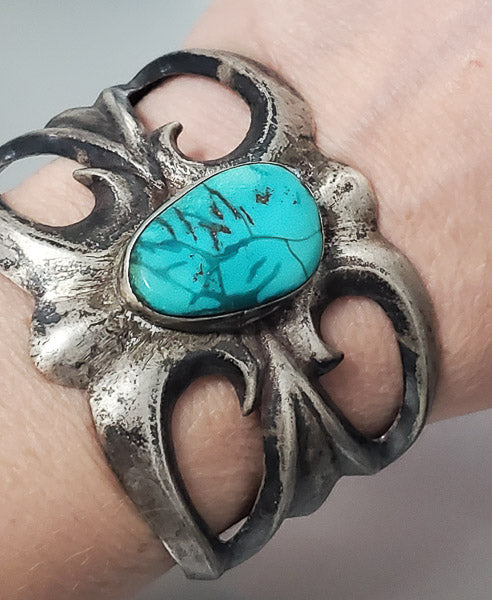 Mega Turquoise Sand Cast Navajo Sterling Bracelet