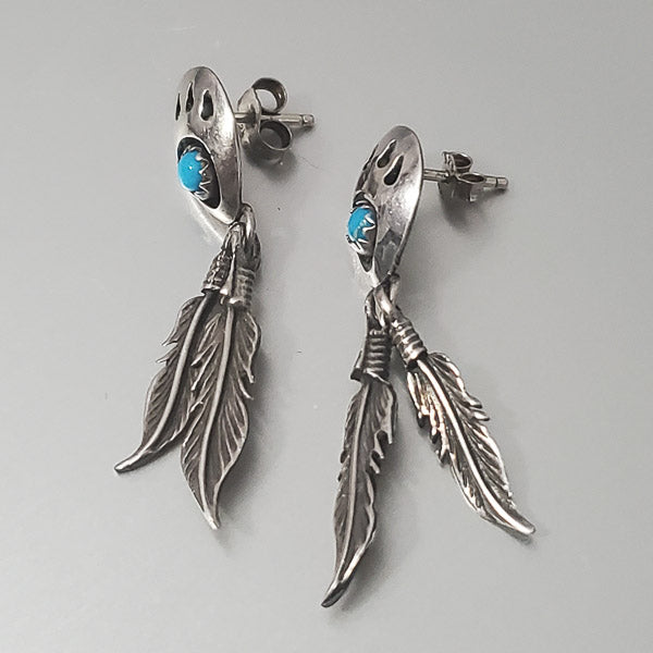 600-Vtg RB Sterling Bear Claw Turquoise Feather Dangle Earrings
