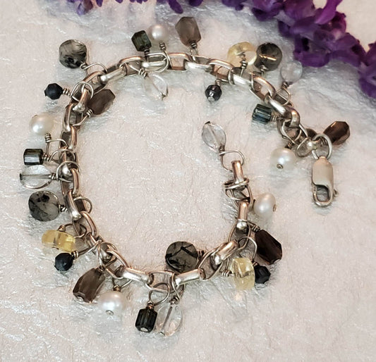 Multi-Gemstone & Genuine Pearl Sterling Charm Bracelet