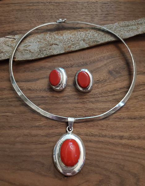Mexico Red Jasper Sterling Necklace and Earrings Set