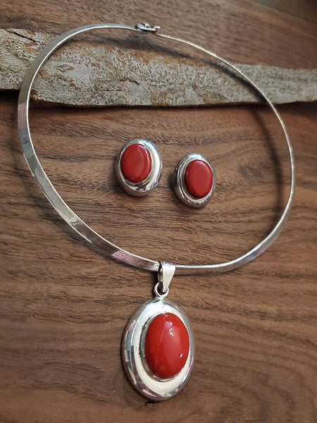 Mexico Red Jasper Sterling Necklace and Earrings Set