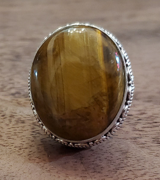 Large Oval Tigers Eye Sterling Silver Ring Sz 8