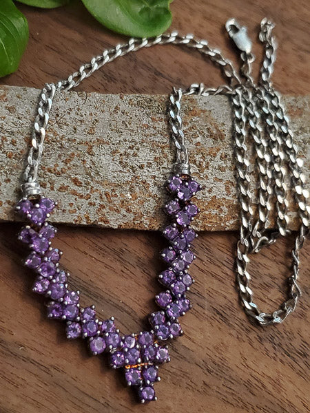 Vintage V Style Amethyst Sterling Silver Necklace #1908