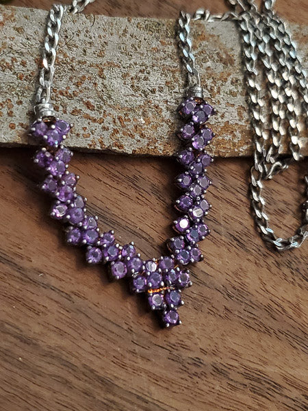 Vintage V Style Amethyst Sterling Silver Necklace #1908