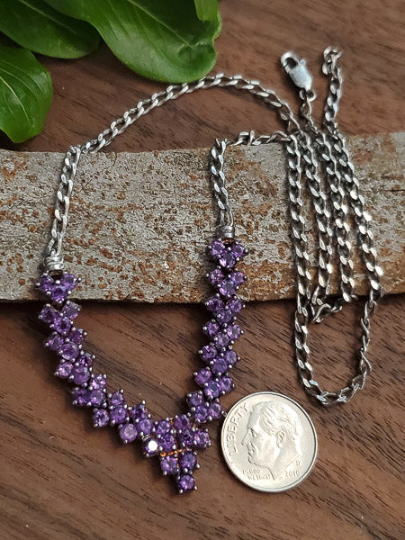 Vintage V Style Amethyst Sterling Silver Necklace #1908