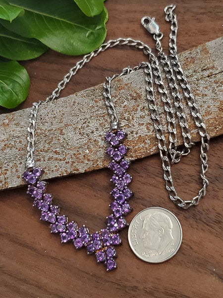 Vintage V Style Amethyst Sterling Silver Necklace #1908