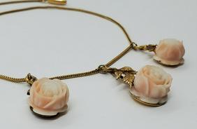 Victorian Era 18k Gold Angelskin Craved Coral Necklace