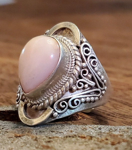 Bali Style Natural Stone Sterling Silver Ring Sz 8 adj