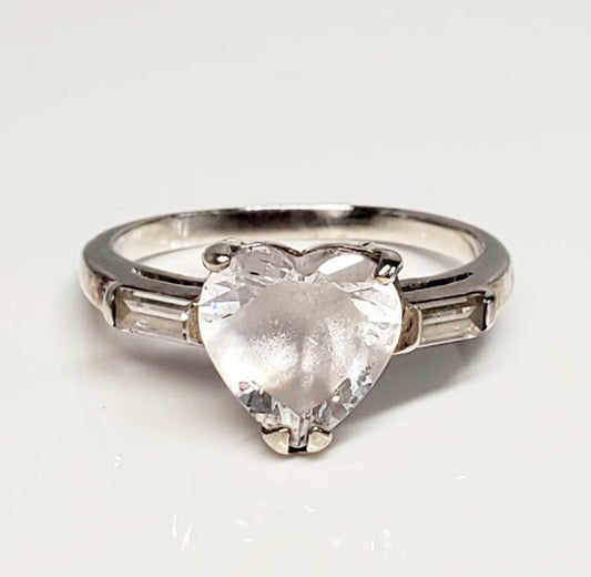 Sterling Silver Frosted CZ Heart Ring Sz 8