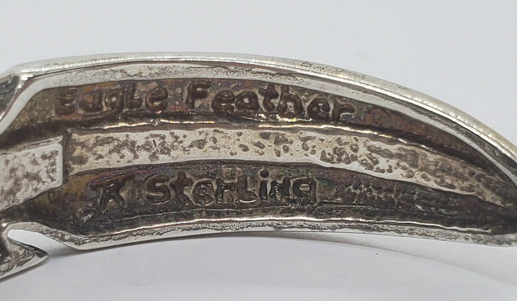 Native Signed Eagle Feather Sterling Cuff Bracelet