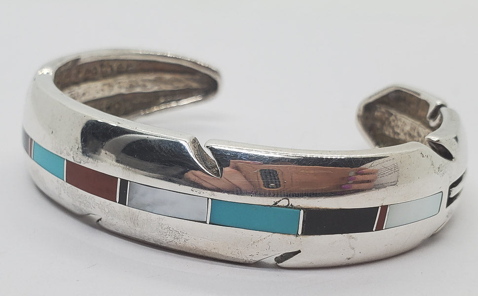 Native Signed Eagle Feather Sterling Cuff Bracelet