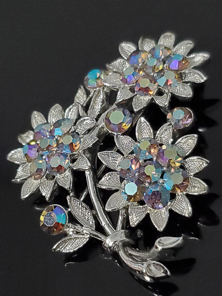 Vintage Lisner Silver Tone AB Rhinestone Floral Brooch