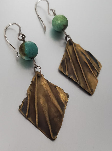 1566-Stone, Brass & Sterling Dangle Earrings