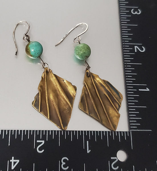 1566-Stone, Brass & Sterling Dangle Earrings