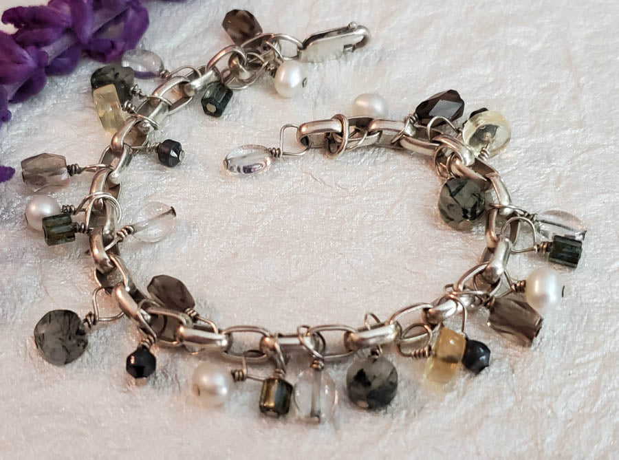 Multi-Gemstone & Genuine Pearl Sterling Charm Bracelet