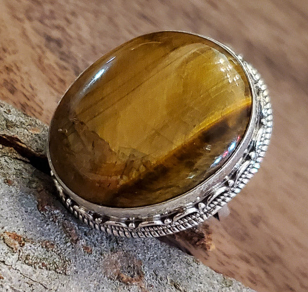 Large Oval Tigers Eye Sterling Silver Ring Sz 8