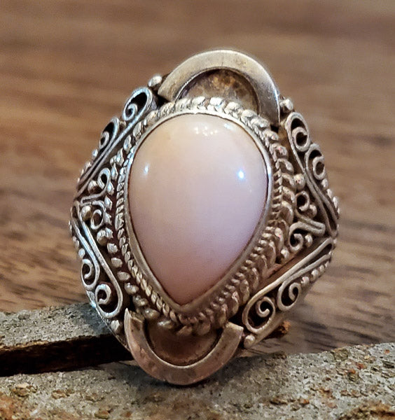 Bali Style Natural Stone Sterling Silver Ring Sz 8 adj