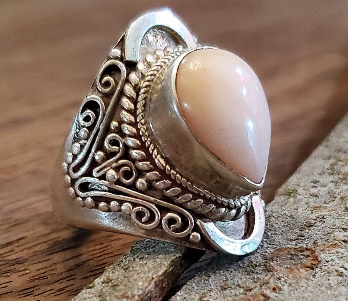 Bali Style Natural Stone Sterling Silver Ring Sz 8 adj