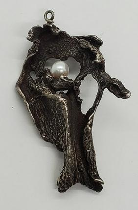 Unique Brutalist Sterling and Pearl Pendant