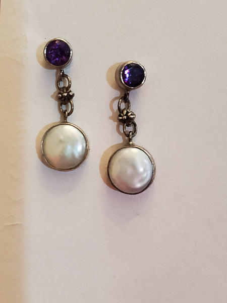 Sterling Silver Pearl and Amethyst Earrings